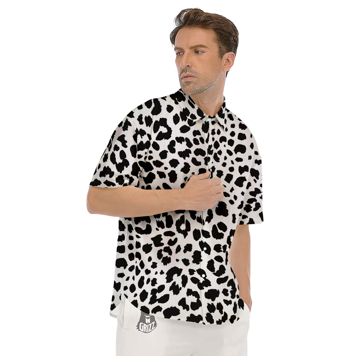 Jaguar White And Black Print Pattern Men's Short Sleeve Shirts-grizzshop