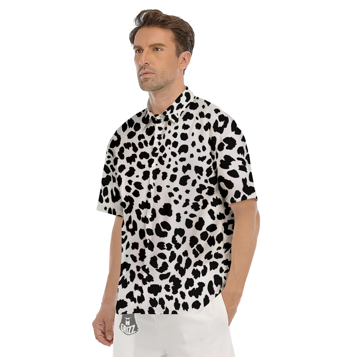 Jaguar White And Black Print Pattern Men's Short Sleeve Shirts-grizzshop