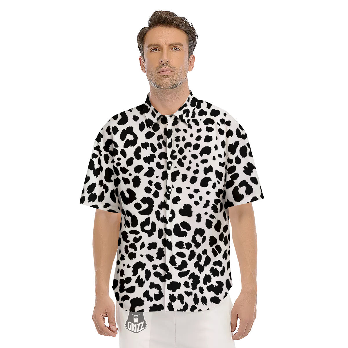 Jaguar White And Black Print Pattern Men's Short Sleeve Shirts-grizzshop
