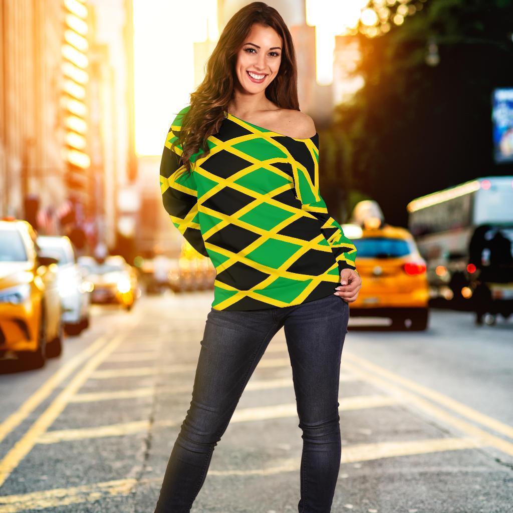 Jamaican Flag Pattern Print Women Off Shoulder Sweatshirt-grizzshop