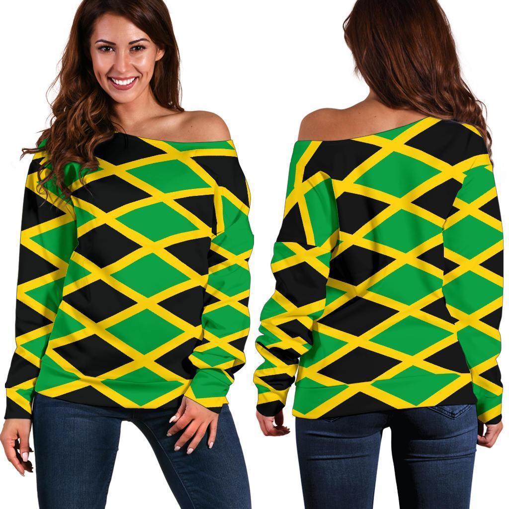 Jamaican Flag Pattern Print Women Off Shoulder Sweatshirt-grizzshop