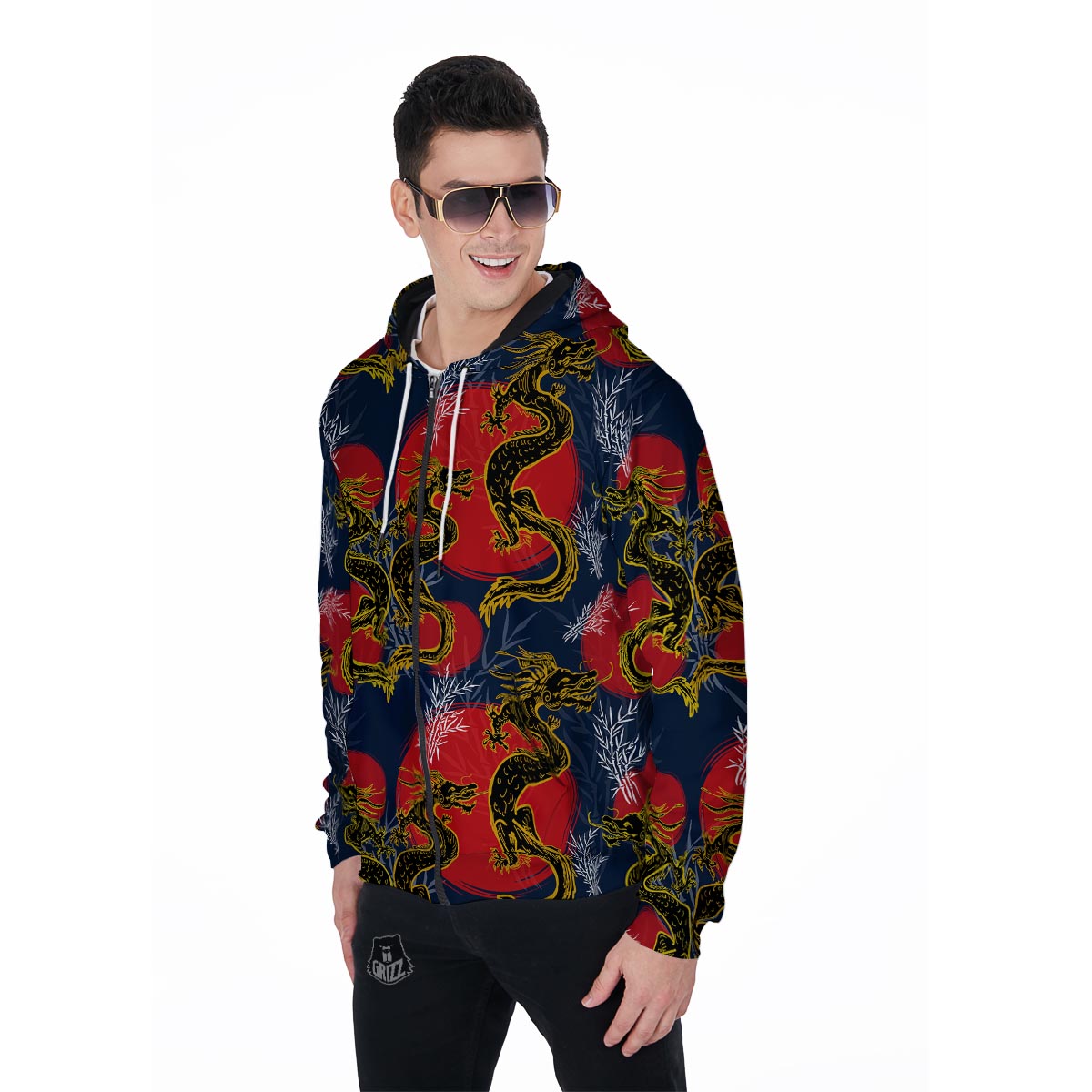 Janpanese Dragon Print Men's Zip Up Hoodie-grizzshop