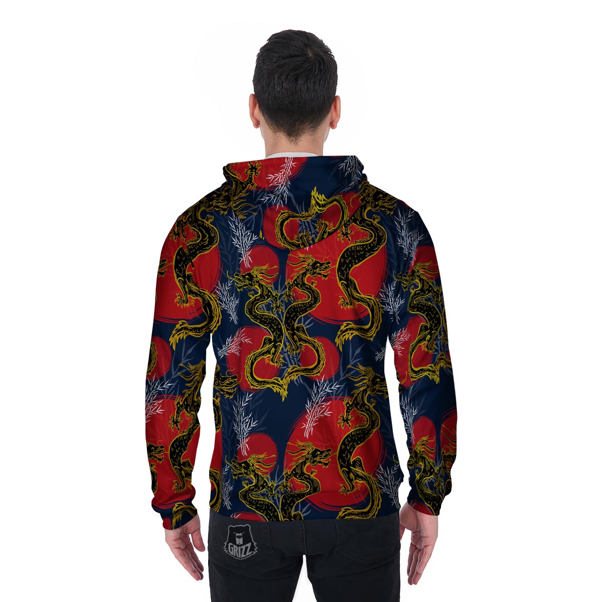 Janpanese Dragon Print Men's Zip Up Hoodie-grizzshop