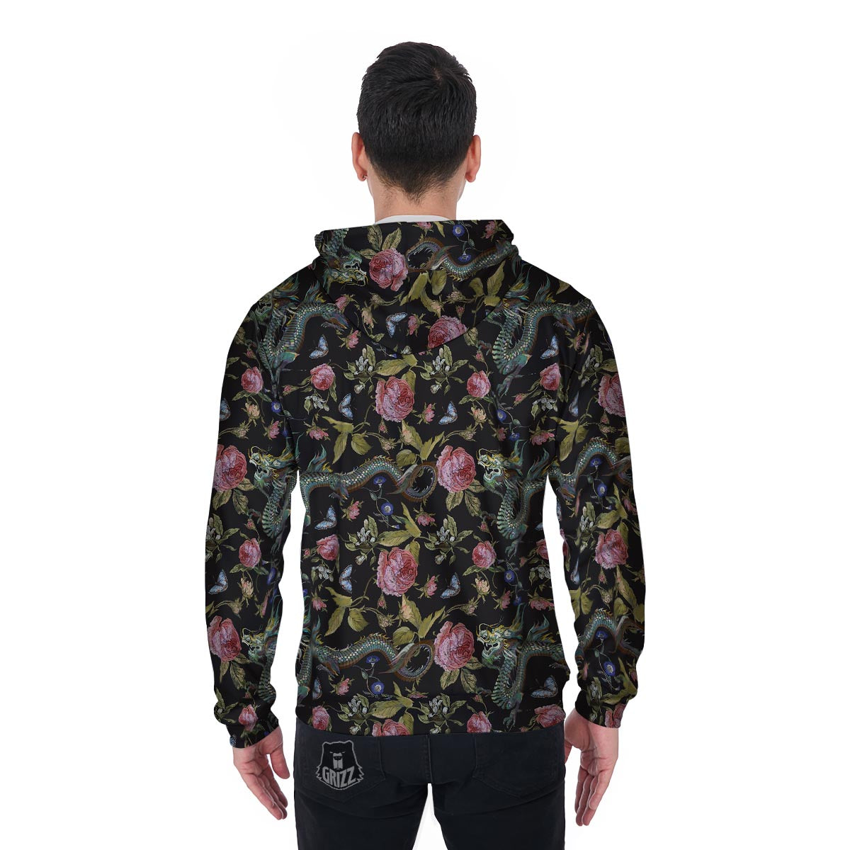 Janpanese Floral Dragon Print Men's Zip Up Hoodie-grizzshop