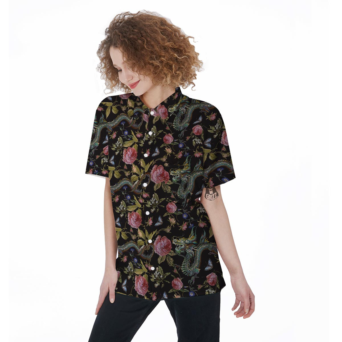 Janpanese Floral Dragon Print Women's Short Sleeve Shirts-grizzshop