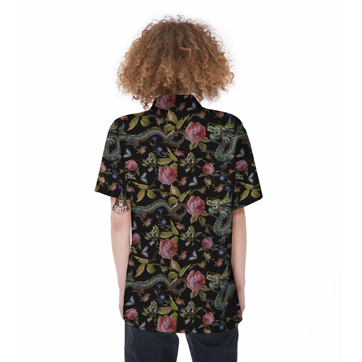 Janpanese Floral Dragon Print Women's Short Sleeve Shirts-grizzshop