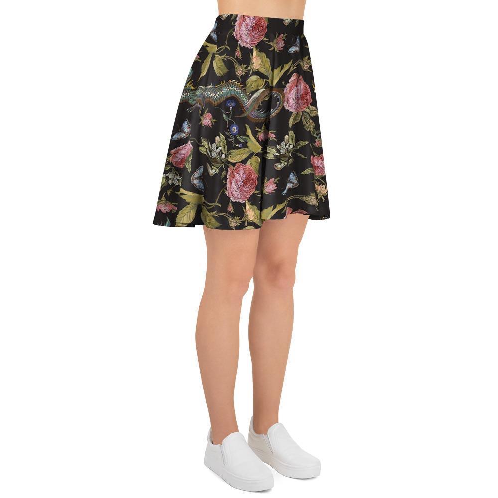 Janpanese Floral Dragon Print Women's Skirt-grizzshop
