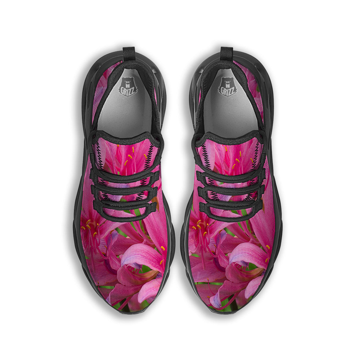 Japanese Amaryllis Purple And Pink Print Black Running Shoes-grizzshop