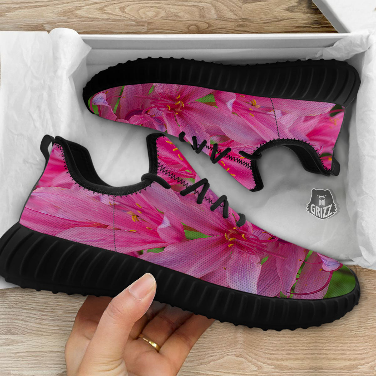 Japanese Amaryllis Purple And Pink Print Black Walking Shoes-grizzshop