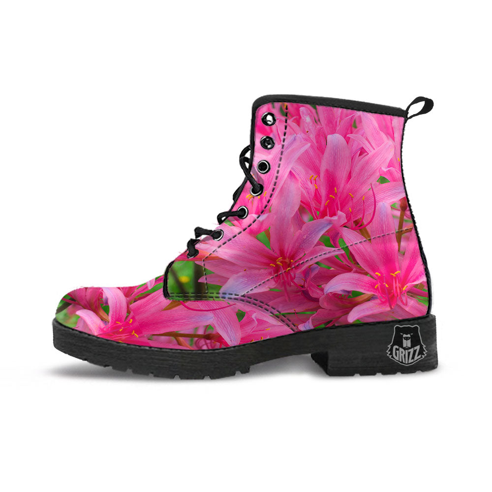 Japanese Amaryllis Purple And Pink Print Leather Boots-grizzshop