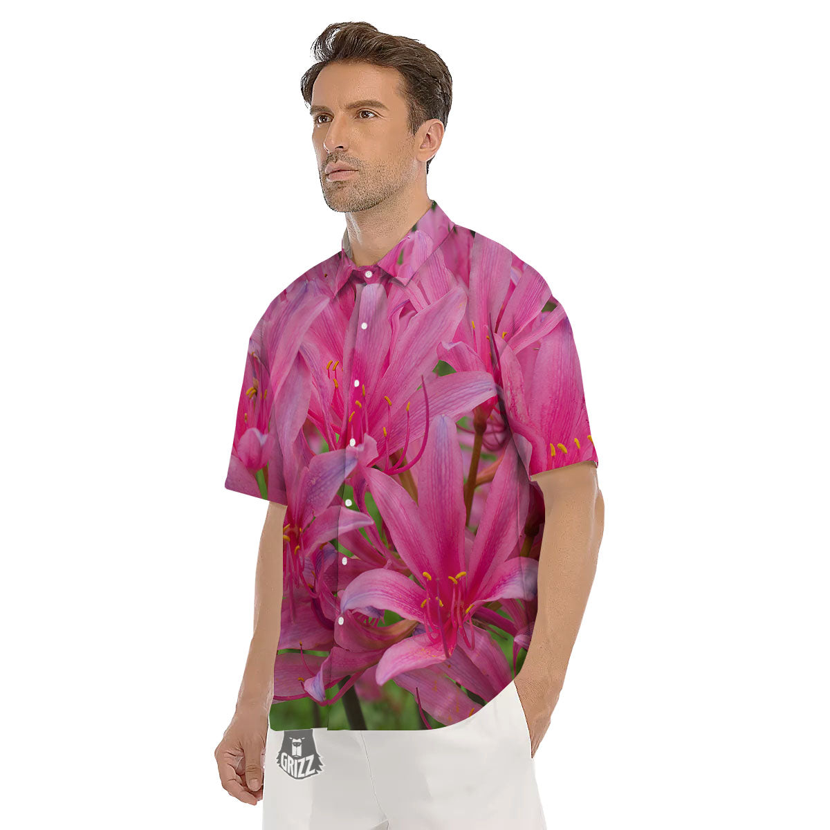 Japanese Amaryllis Purple And Pink Print Men's Short Sleeve Shirts-grizzshop