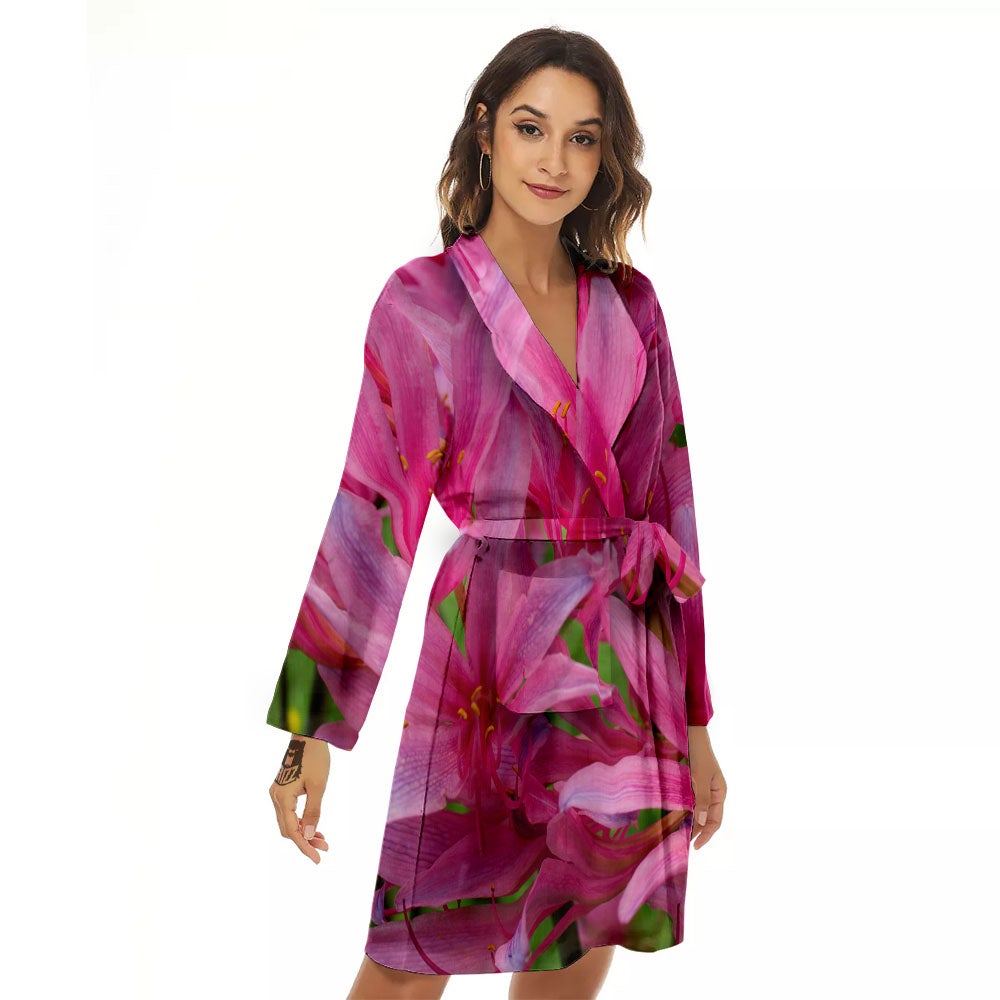 Japanese Amaryllis Purple And Pink Print Women's Robe-grizzshop