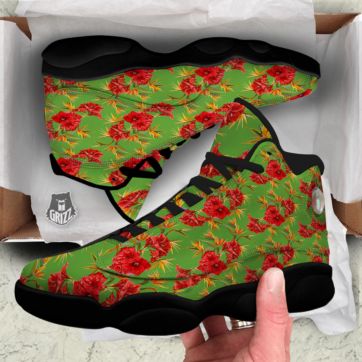 Japanese Amaryllis Yellow And Red Print Pattern Black Basketball Shoes-grizzshop
