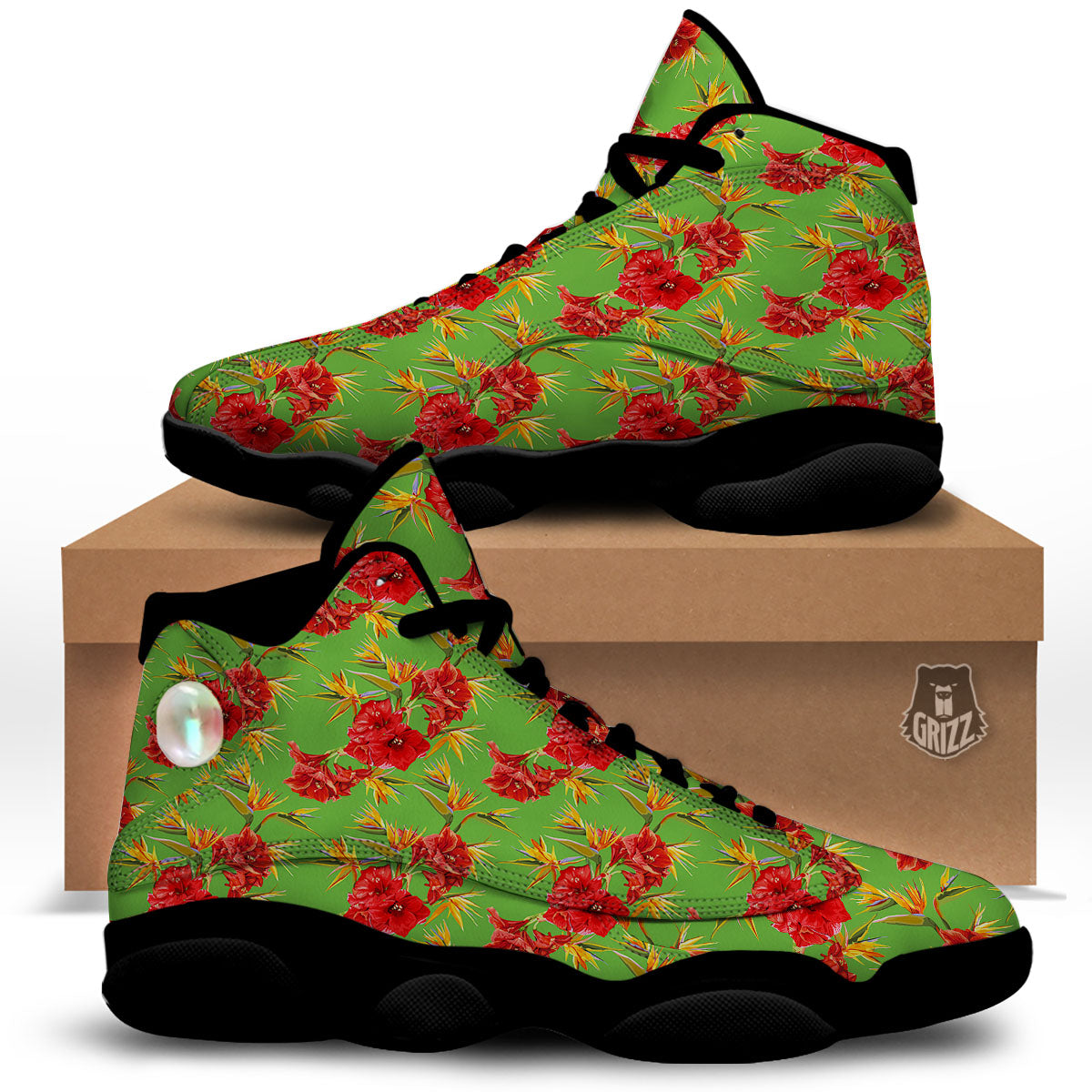 Japanese Amaryllis Yellow And Red Print Pattern Black Basketball Shoes-grizzshop