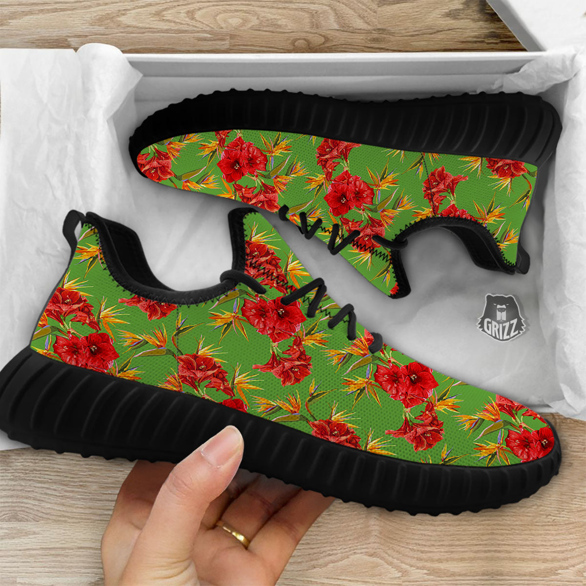 Japanese Amaryllis Yellow And Red Print Pattern Black Walking Shoes-grizzshop