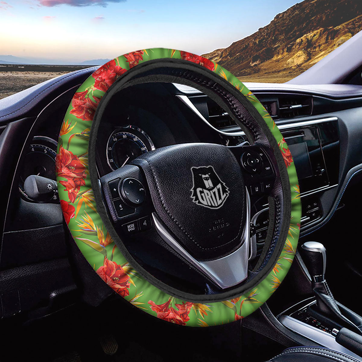 Japanese Amaryllis Yellow And Red Print Pattern Car Steering Wheel Cover-grizzshop
