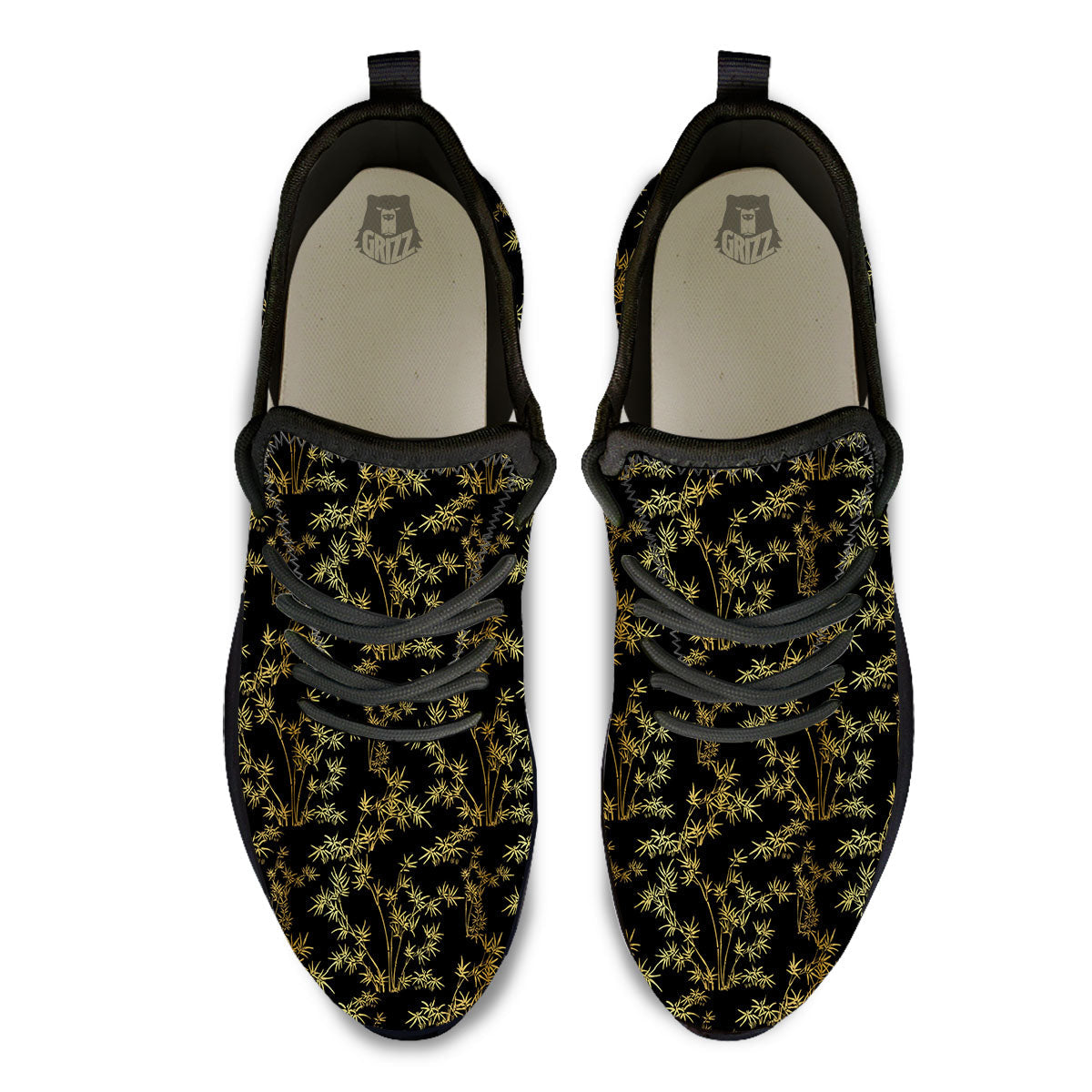 Japanese Bamboo Black And Gold Print Pattern Black Athletic Shoes-grizzshop