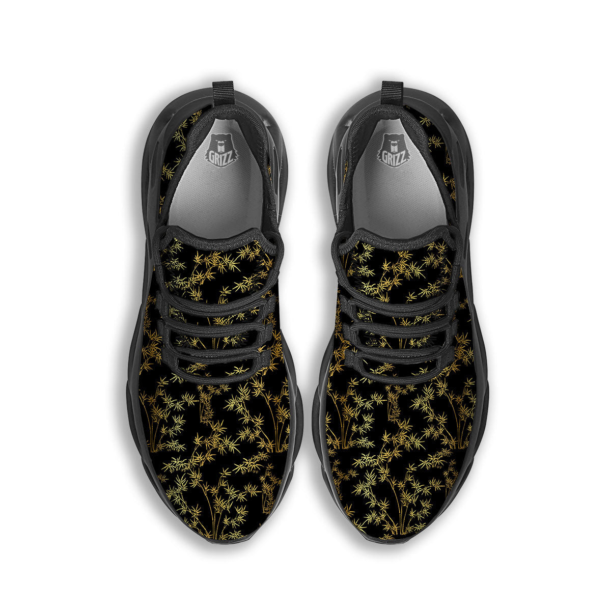 Japanese Bamboo Black And Gold Print Pattern Black Running Shoes-grizzshop