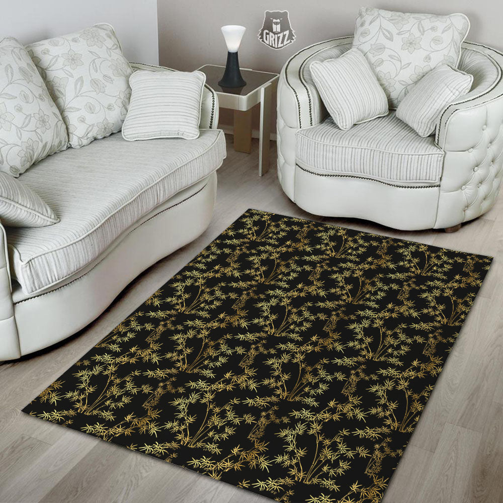 Japanese Bamboo Black And Gold Print Pattern Floor Mat-grizzshop