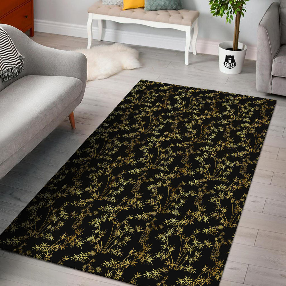 Japanese Bamboo Black And Gold Print Pattern Floor Mat-grizzshop