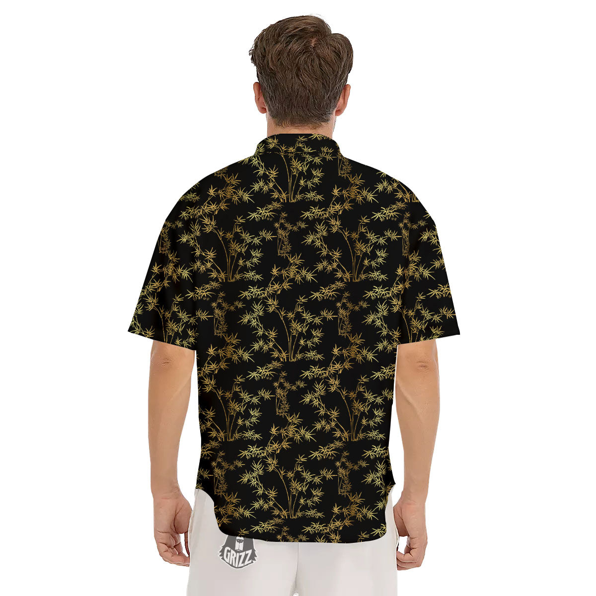 Japanese Bamboo Black And Gold Print Pattern Men's Short Sleeve Shirts-grizzshop
