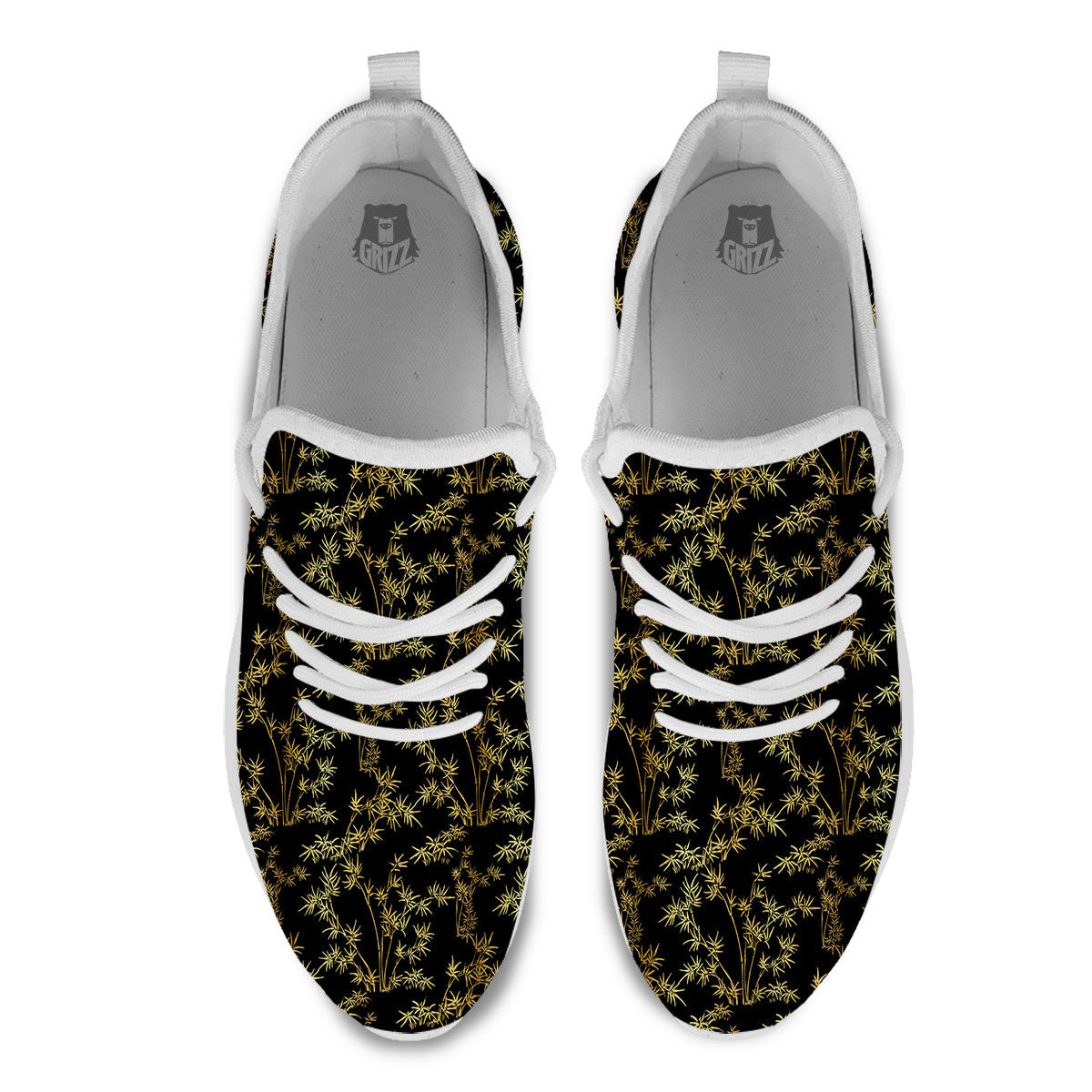 Japanese Bamboo Black And Gold Print Pattern White Athletic Shoes-grizzshop