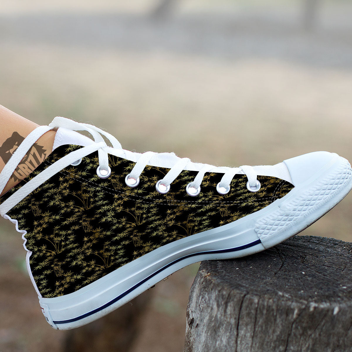 Japanese Bamboo Black And Gold Print Pattern White High Top Shoes-grizzshop