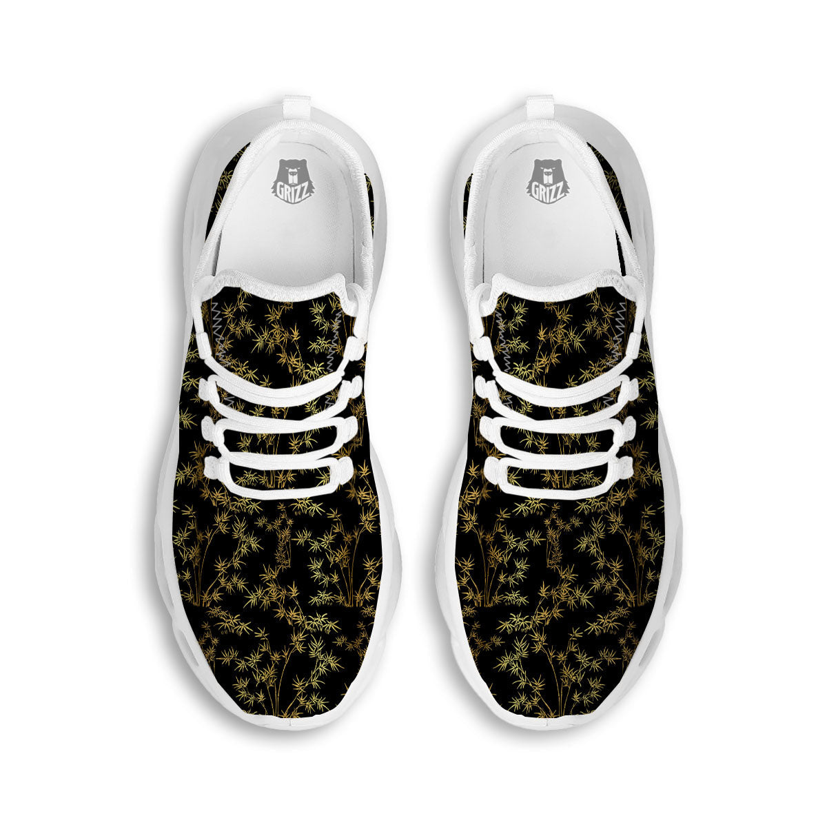 Japanese Bamboo Black And Gold Print Pattern White Running Shoes-grizzshop