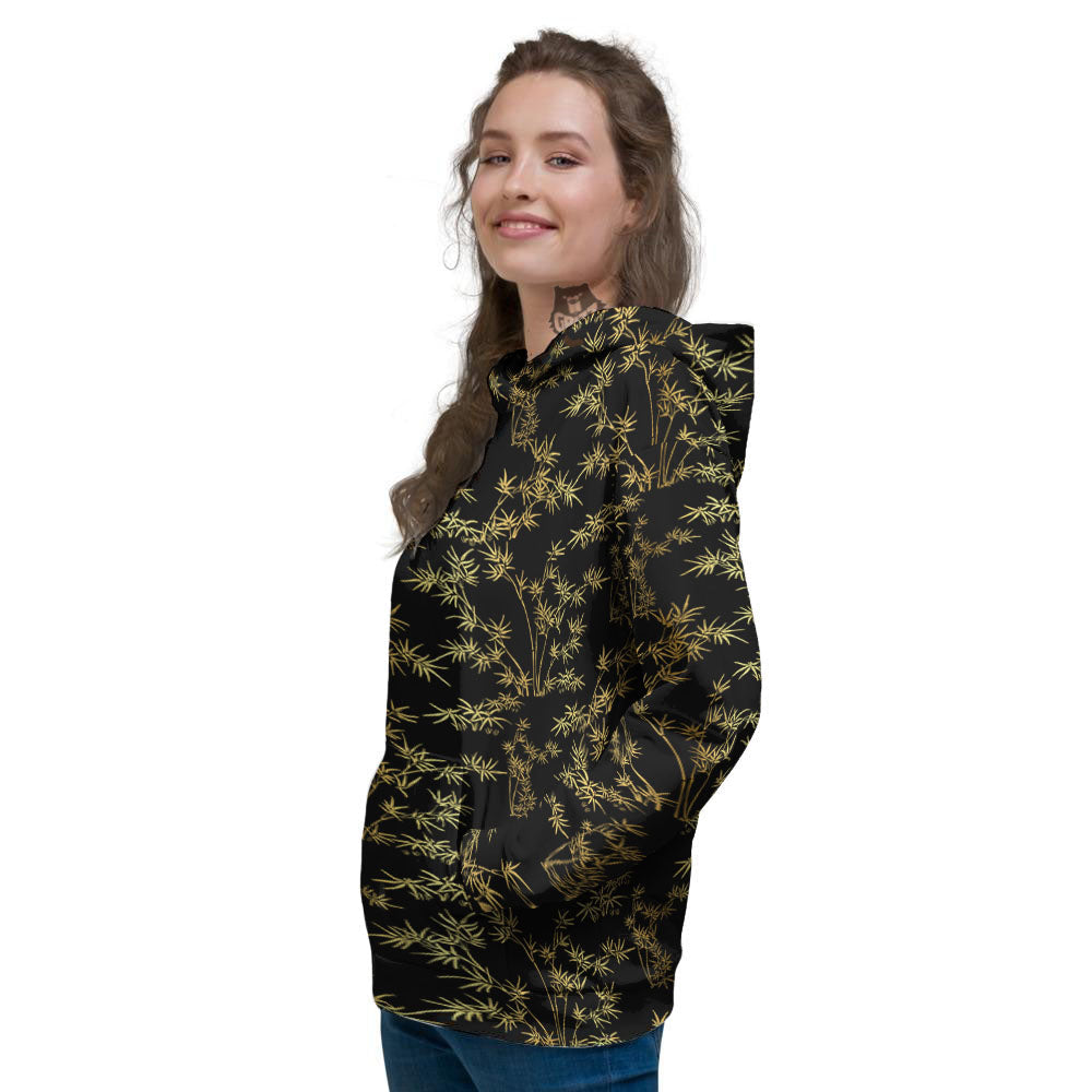 Japanese Bamboo Black And Gold Print Pattern Women's Hoodie-grizzshop