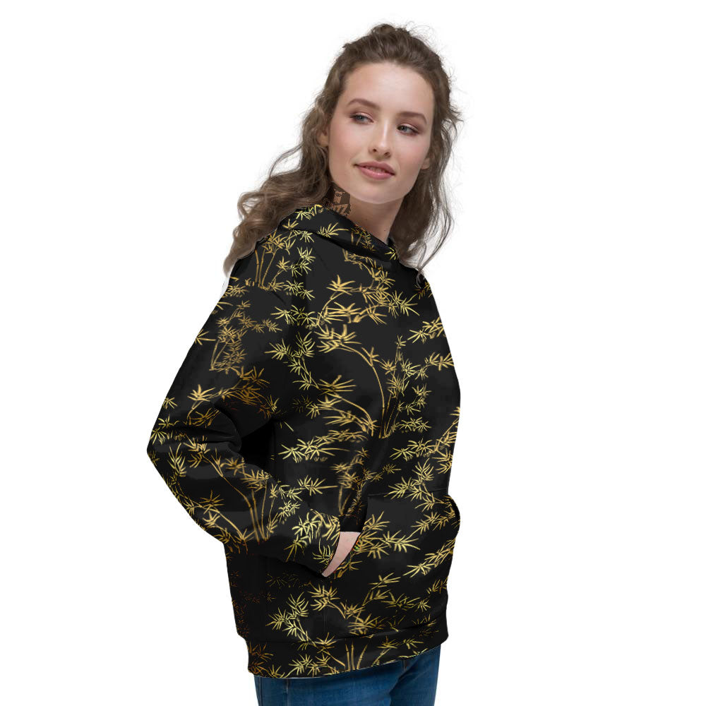 Japanese Bamboo Black And Gold Print Pattern Women's Hoodie-grizzshop
