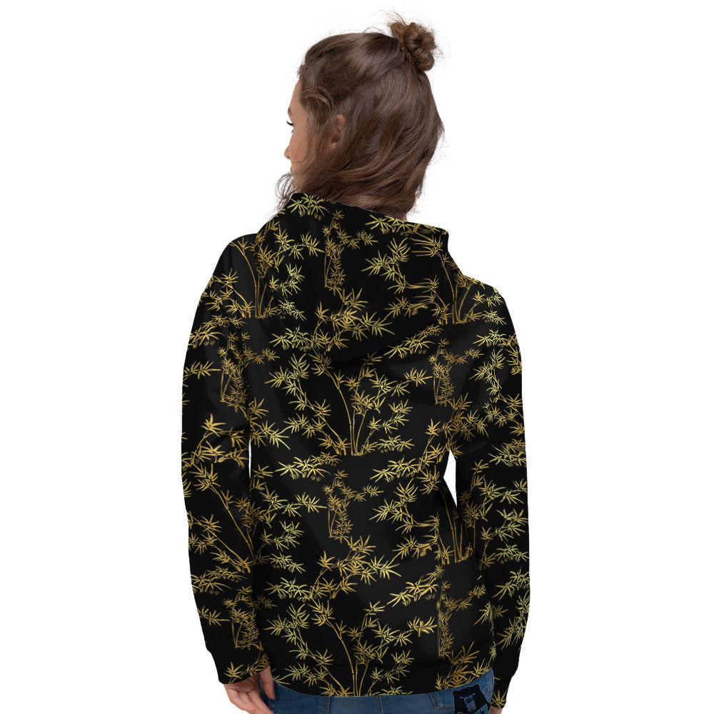 Japanese Bamboo Black And Gold Print Pattern Women's Hoodie-grizzshop