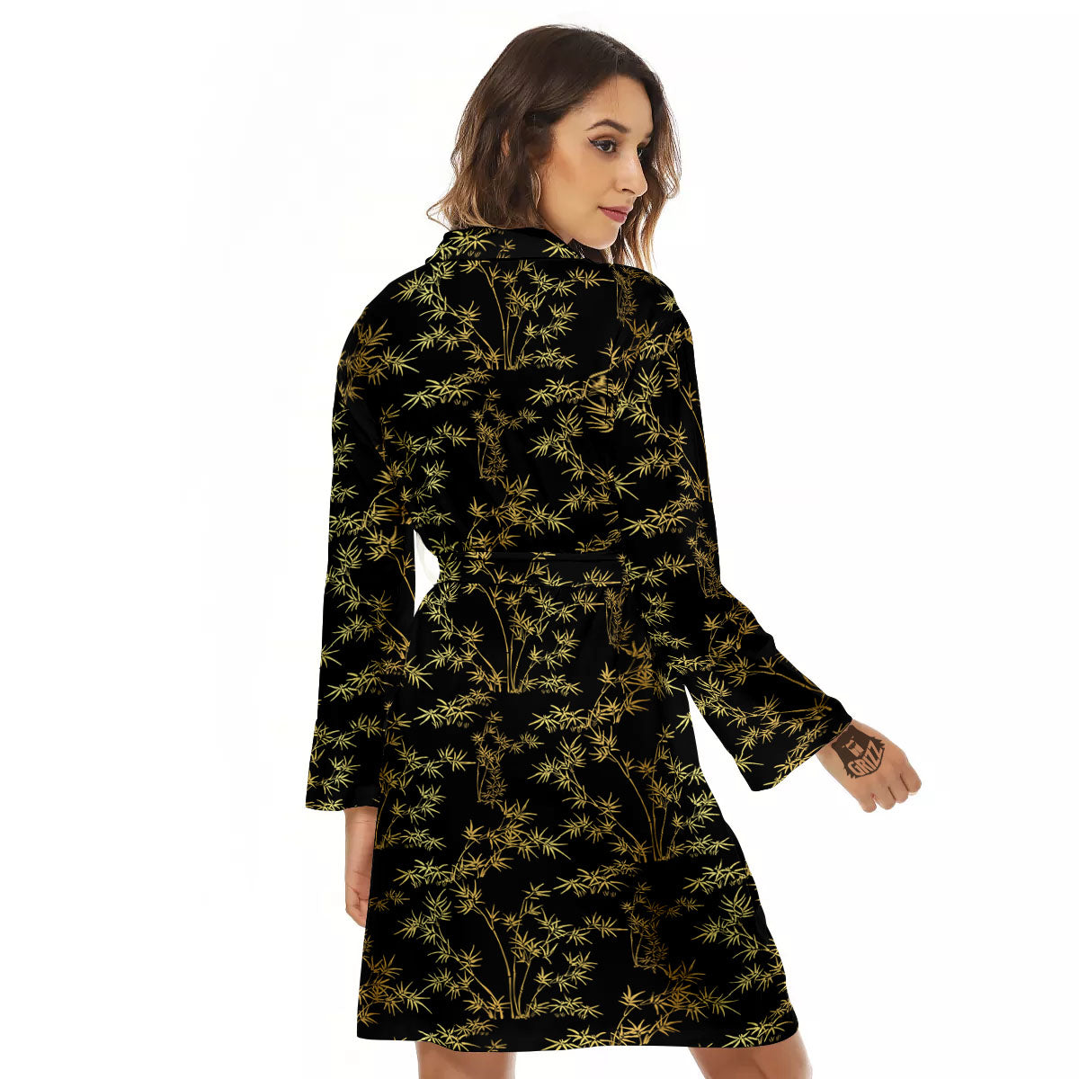 Japanese Bamboo Black And Gold Print Pattern Women's Robe-grizzshop
