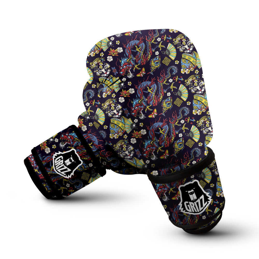 Japanese Dragons And Cat Tattoo Print Pattern Boxing Gloves-grizzshop