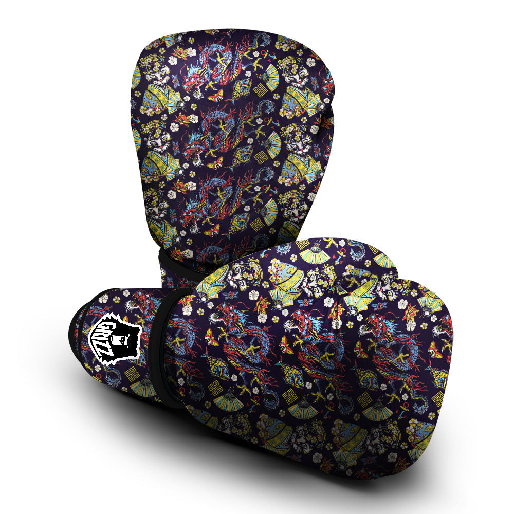 Japanese Dragons And Cat Tattoo Print Pattern Boxing Gloves-grizzshop