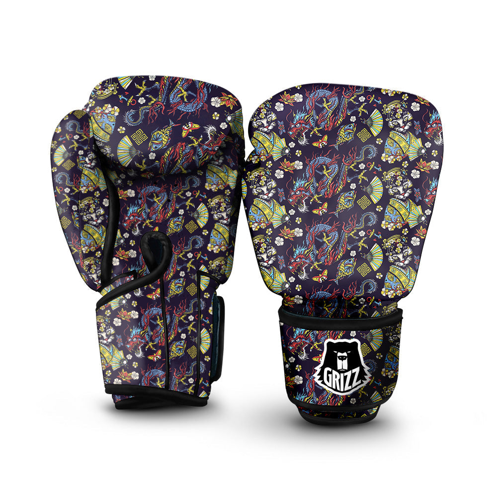 Japanese Dragons And Cat Tattoo Print Pattern Boxing Gloves-grizzshop