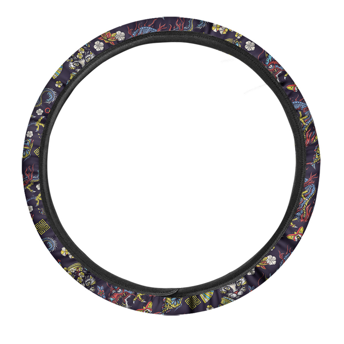 Japanese Dragons And Cat Tattoo Print Pattern Car Steering Wheel Cover-grizzshop