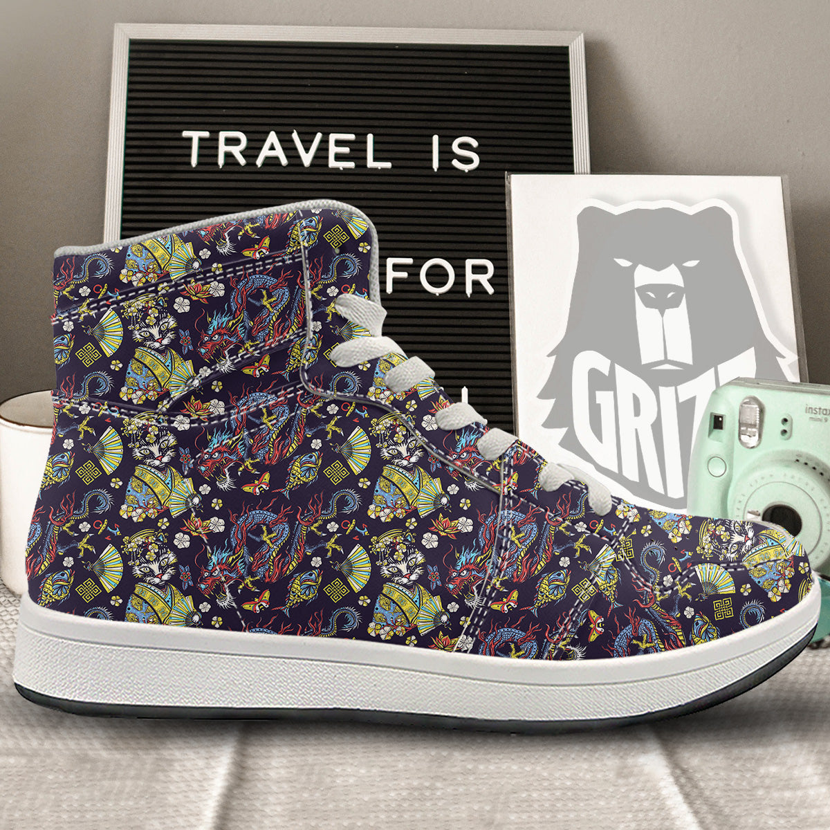 Japanese Dragons And Cat Tattoo Print Pattern High Top Sneakers-grizzshop
