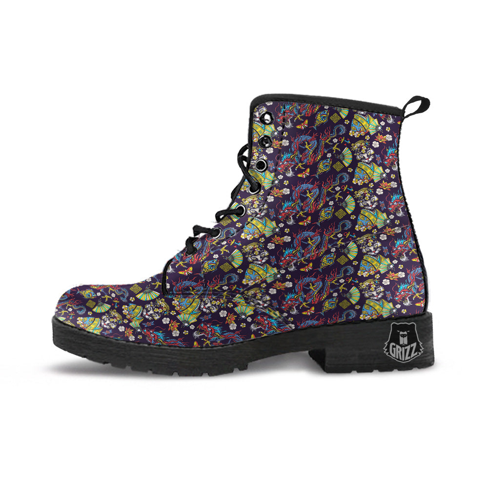 Japanese Dragons And Cat Tattoo Print Pattern Leather Boots-grizzshop