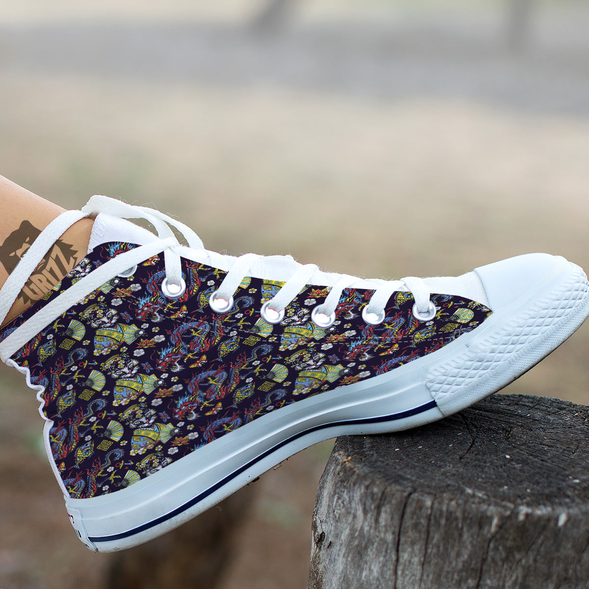 Japanese Dragons And Cat Tattoo Print Pattern White High Top Shoes-grizzshop