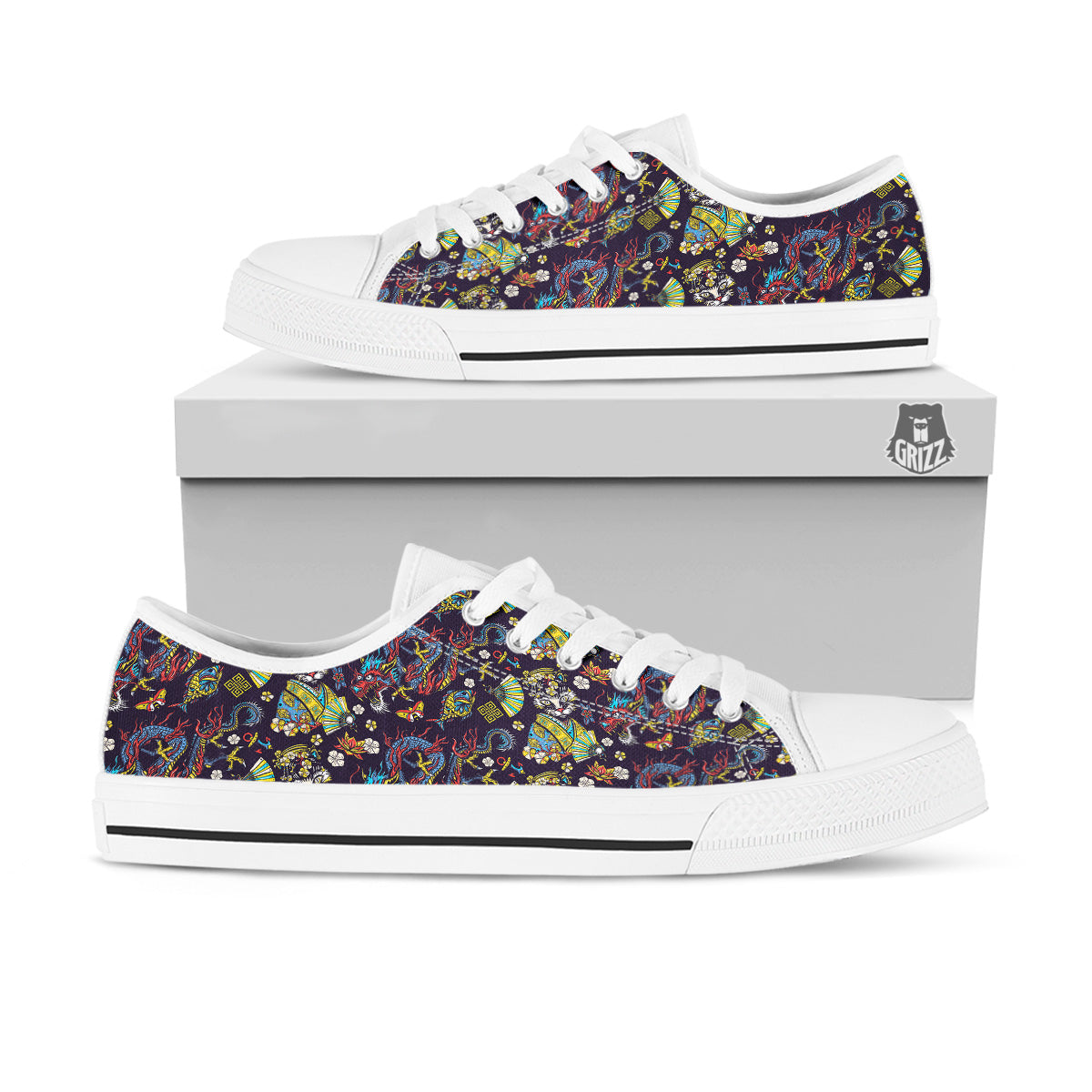 Japanese Dragons And Cat Tattoo Print Pattern White Low Top Shoes-grizzshop