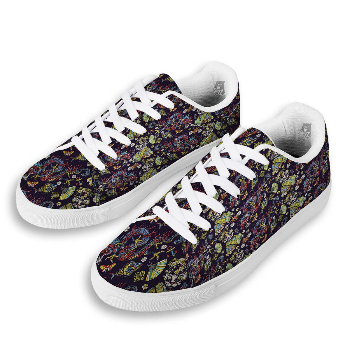 Japanese Dragons And Cat Tattoo Print Pattern White Low Top Sneakers-grizzshop