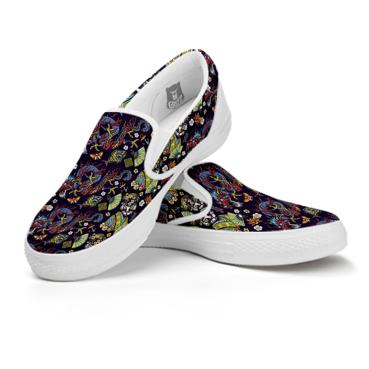 Japanese Dragons And Cat Tattoo Print Pattern White Slip On Shoes-grizzshop