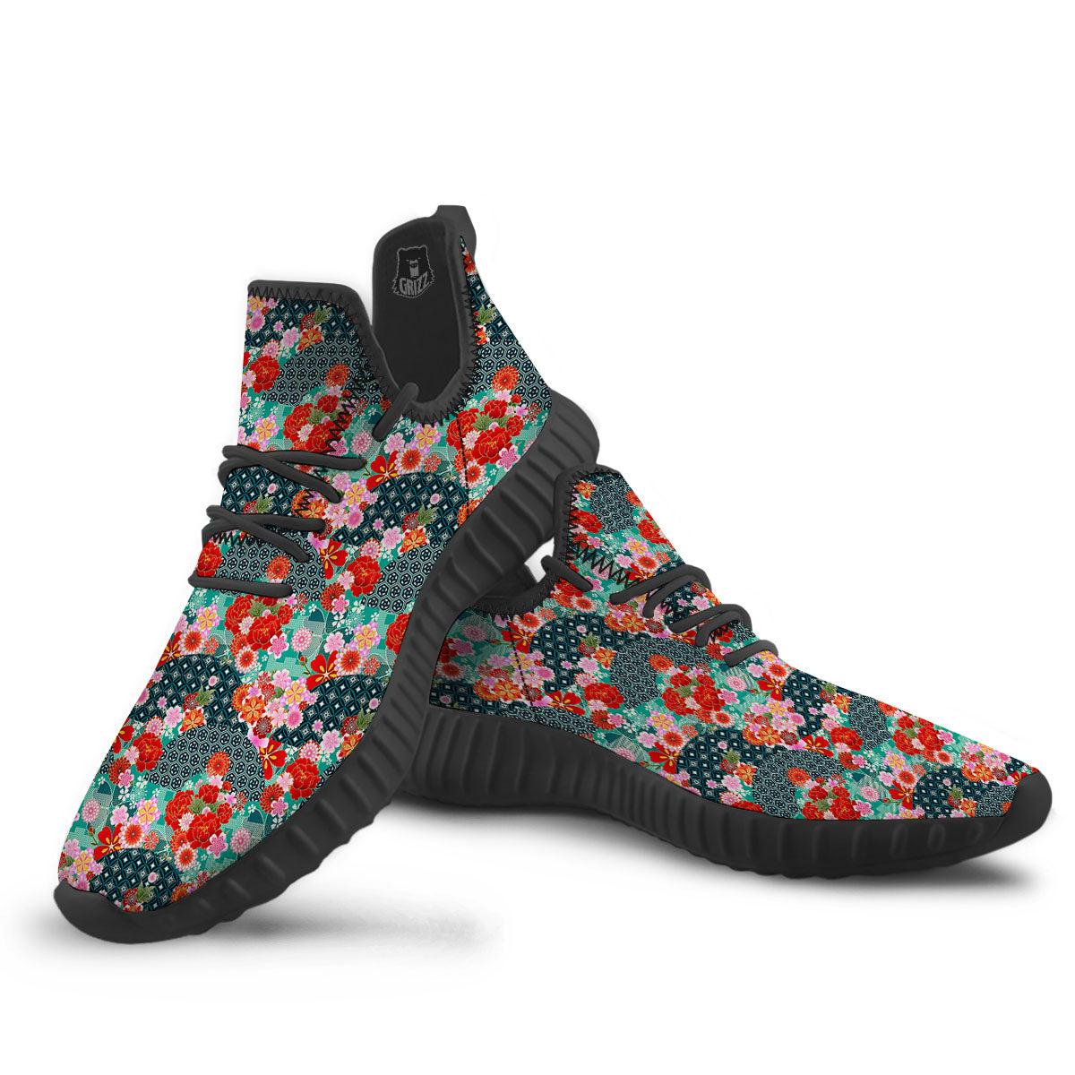 Japanese Flower Colorful Print Pattern Colorful Black Walking Shoes-grizzshop