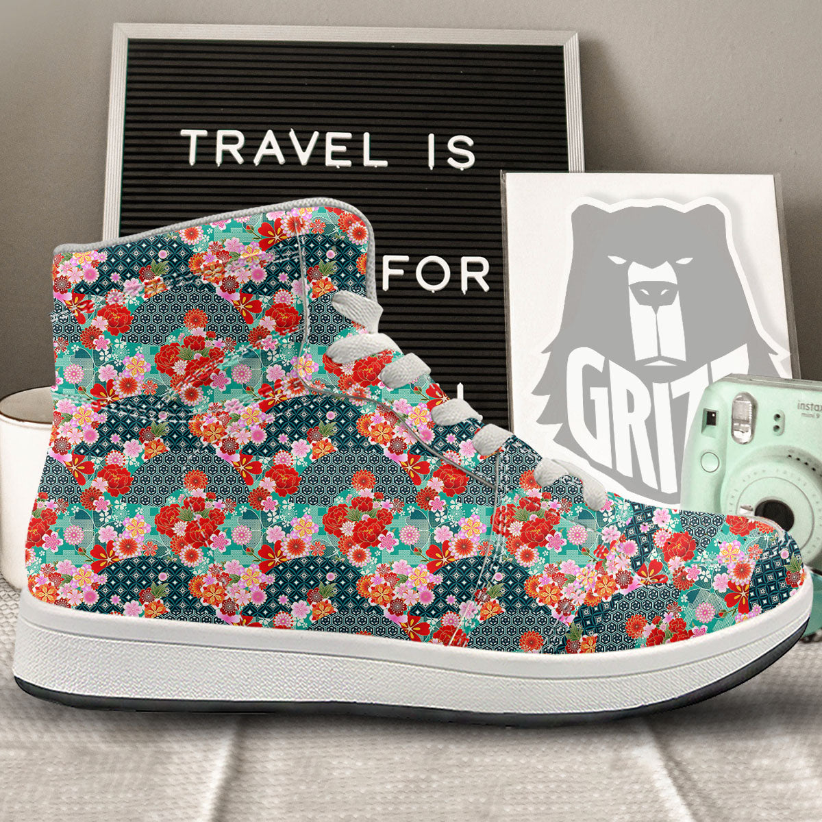 Japanese Flower Colorful Print Pattern Colorful High Top Sneakers-grizzshop