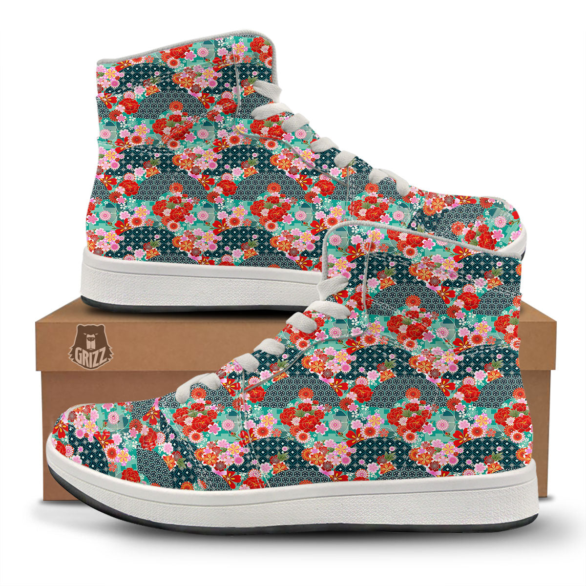 Japanese Flower Colorful Print Pattern Colorful High Top Sneakers-grizzshop