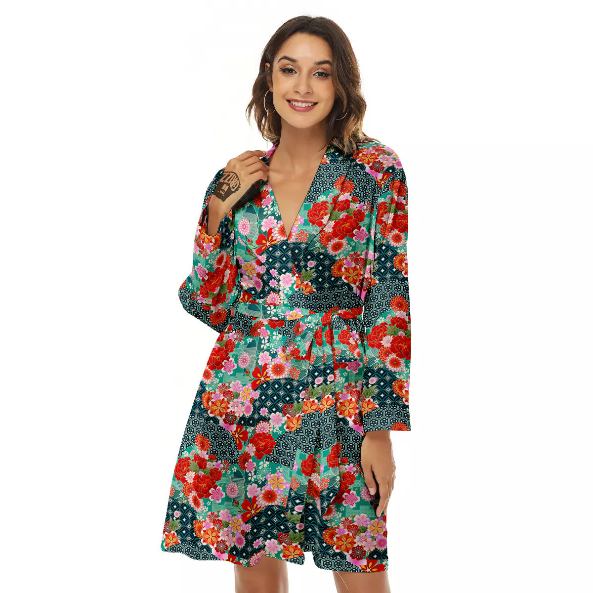 Japanese Flower Colorful Print Pattern Colorful Women's Robe-grizzshop