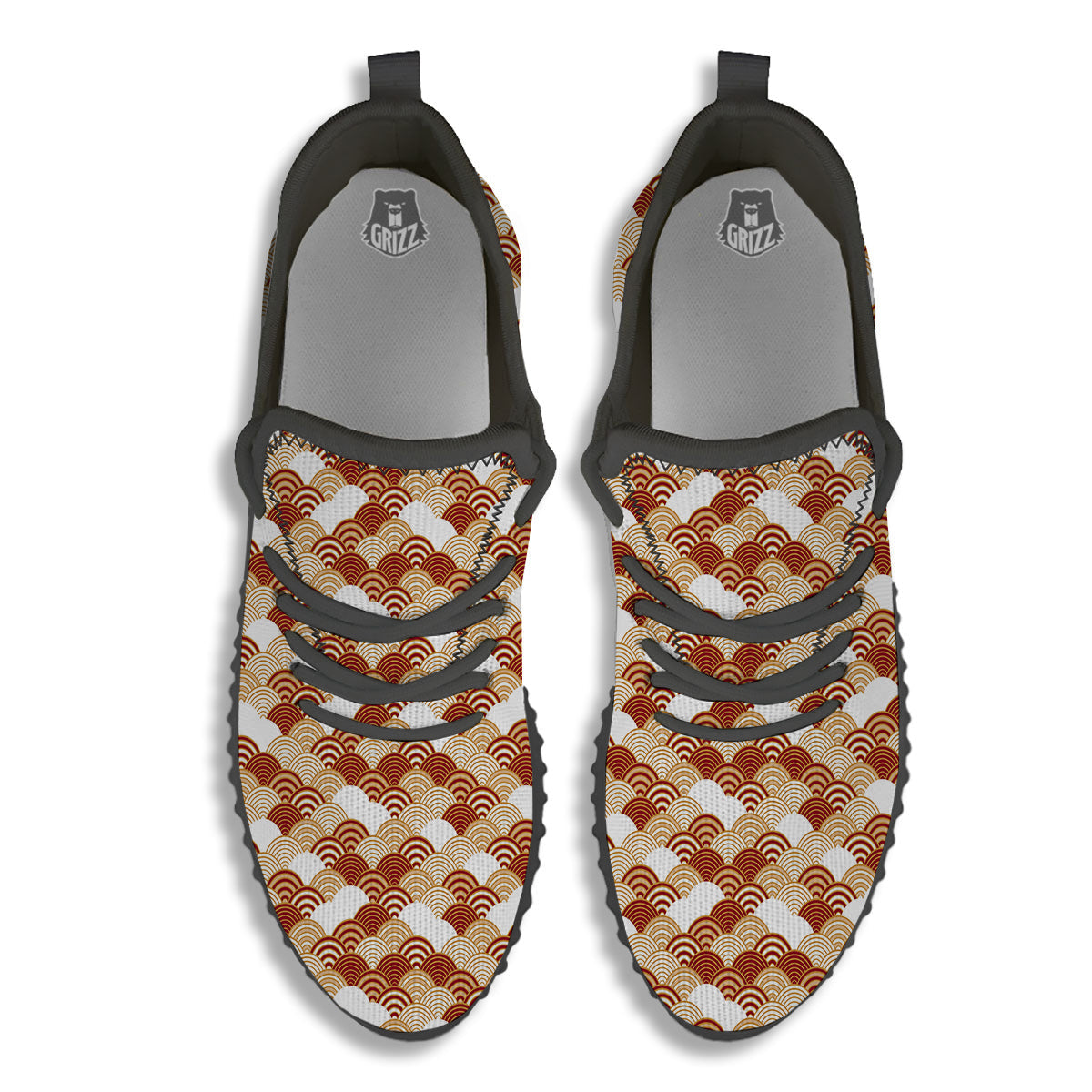 Japanese Red And Beige Print Pattern Black Walking Shoes-grizzshop