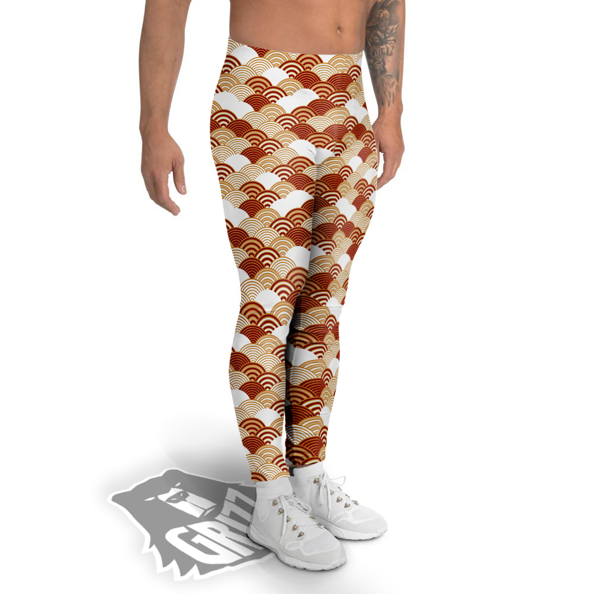 Japanese Red And Beige Print Pattern Men's Leggings-grizzshop