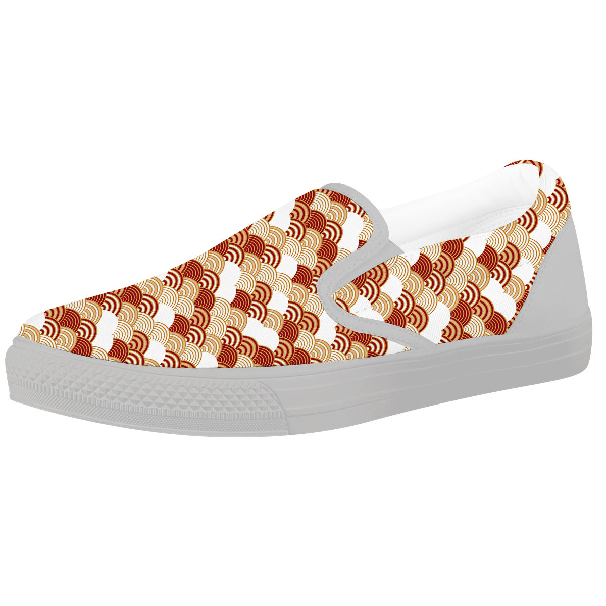Japanese Red And Beige Print Pattern White Slip On Shoes-grizzshop