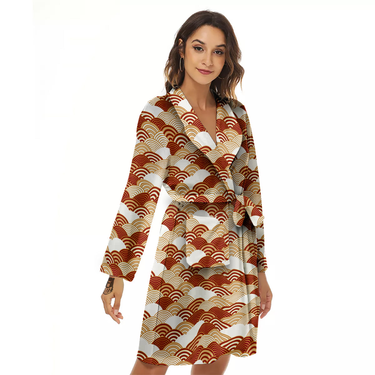 Japanese Red And Beige Print Pattern Women's Robe-grizzshop